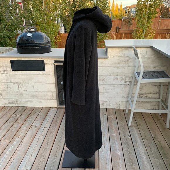 Vintage 90s Wool Cashmere Faux Fur Lined Hood Long Maxi Coat Overcoat - Picture 6 of 16